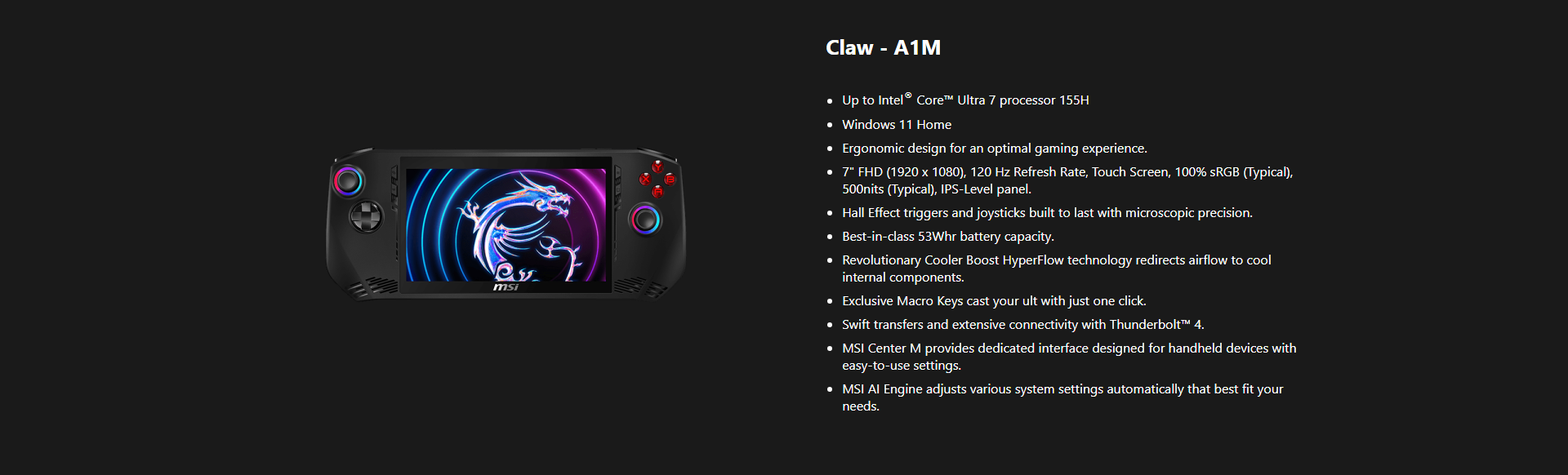 A large marketing image providing additional information about the product MSI Claw (A1M) - 7" Core Ultra 5 1TB Gaming Handheld - Additional alt info not provided